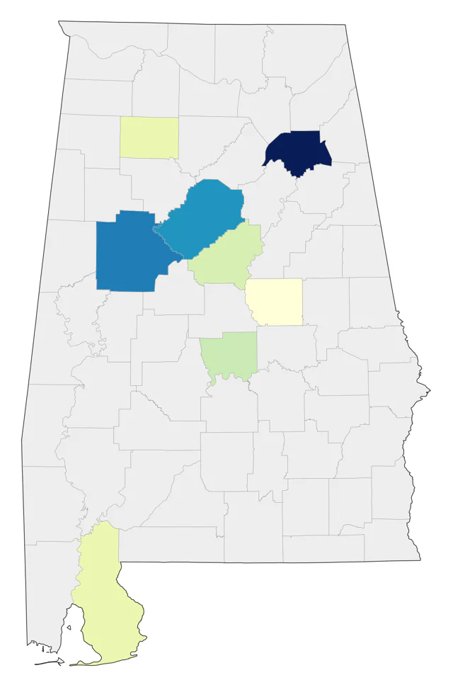 Bachman's Warbler county map