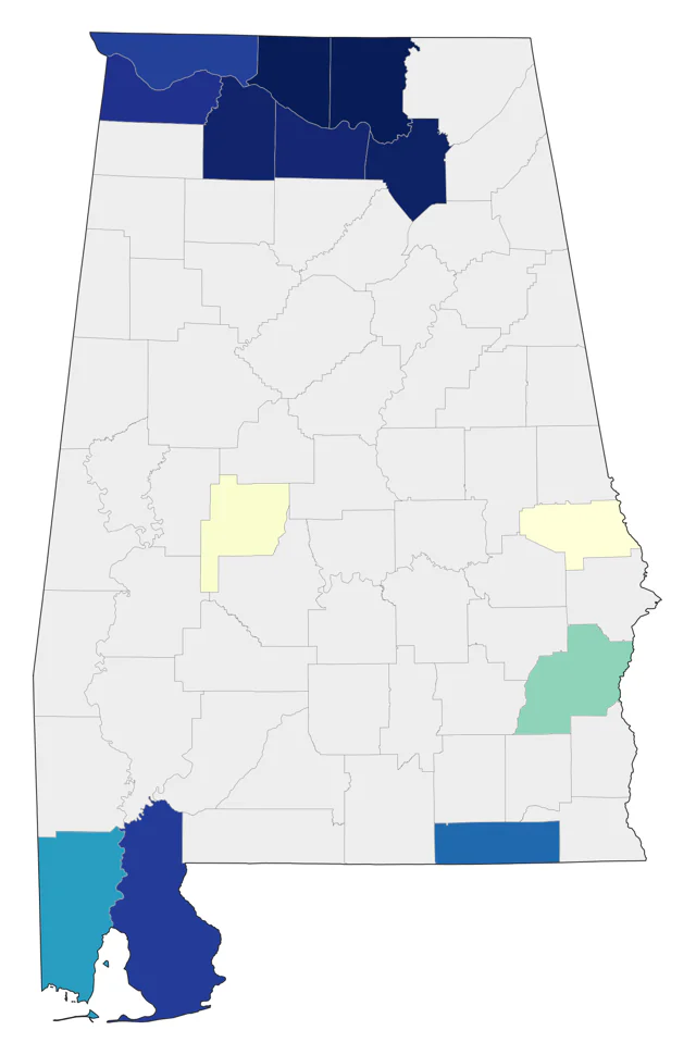 Common Merganser county map