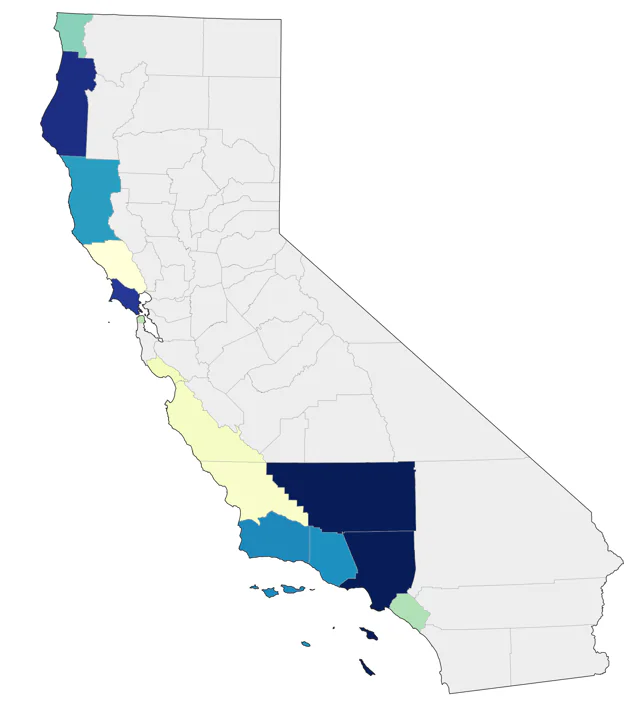 Eastern Yellow Wagtail county map