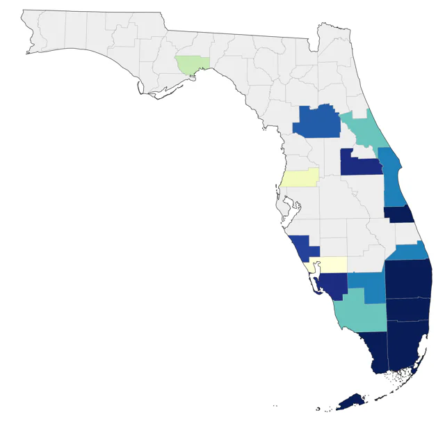 Neotropic Cormorant county map