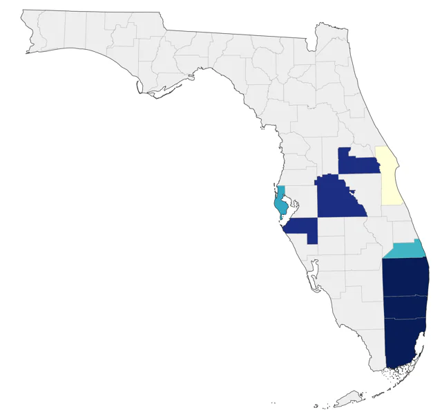 Red-masked Parakeet county map