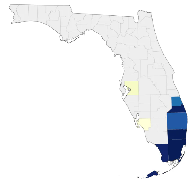 Yellow-chevroned Parakeet county map