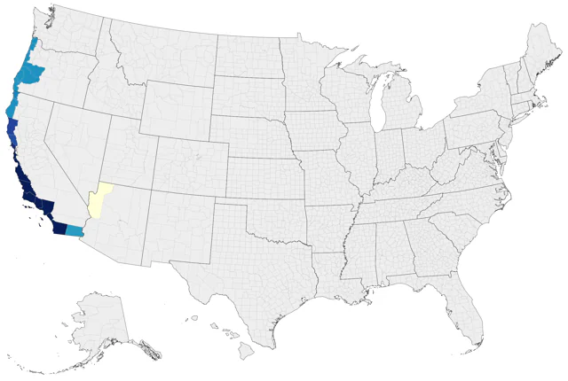 Black-vented Shearwater county map