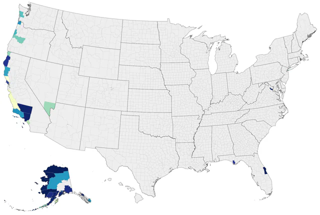 Eastern Yellow Wagtail county map