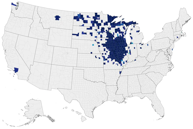 Eurasian Tree Sparrow county map