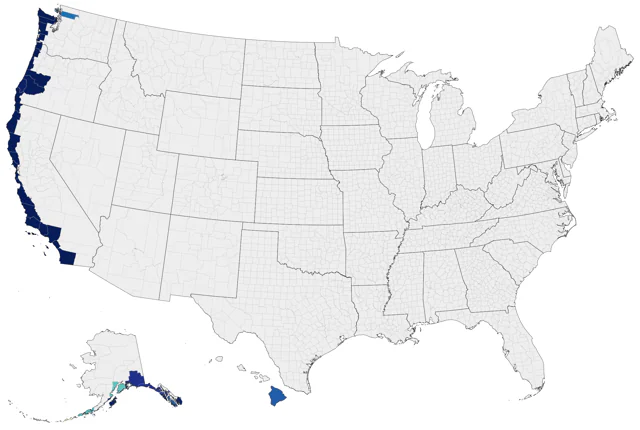 Pink-footed Shearwater county map