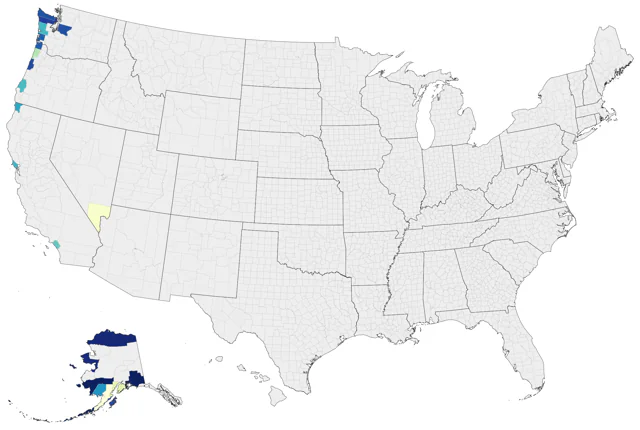 Red-legged Kittiwake county map