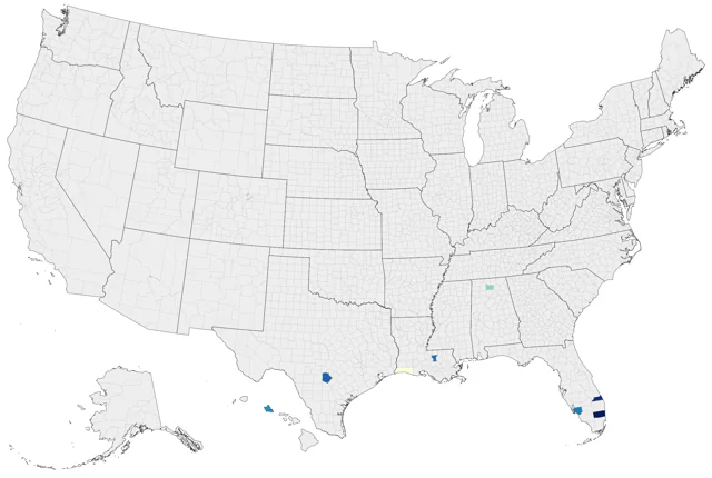 Rosy-billed Pochard county map